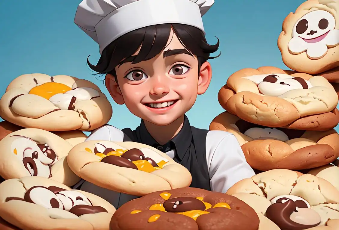 Young child with a big smile, wearing a chef hat, surrounded by a variety of freshly baked kookies..