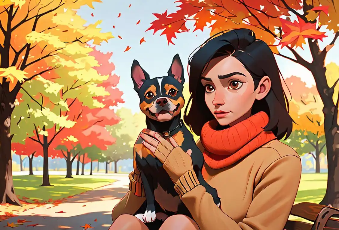 Adult holding a mixed breed dog, wearing a cozy sweater, autumn park setting, surrounded by colorful leaves..