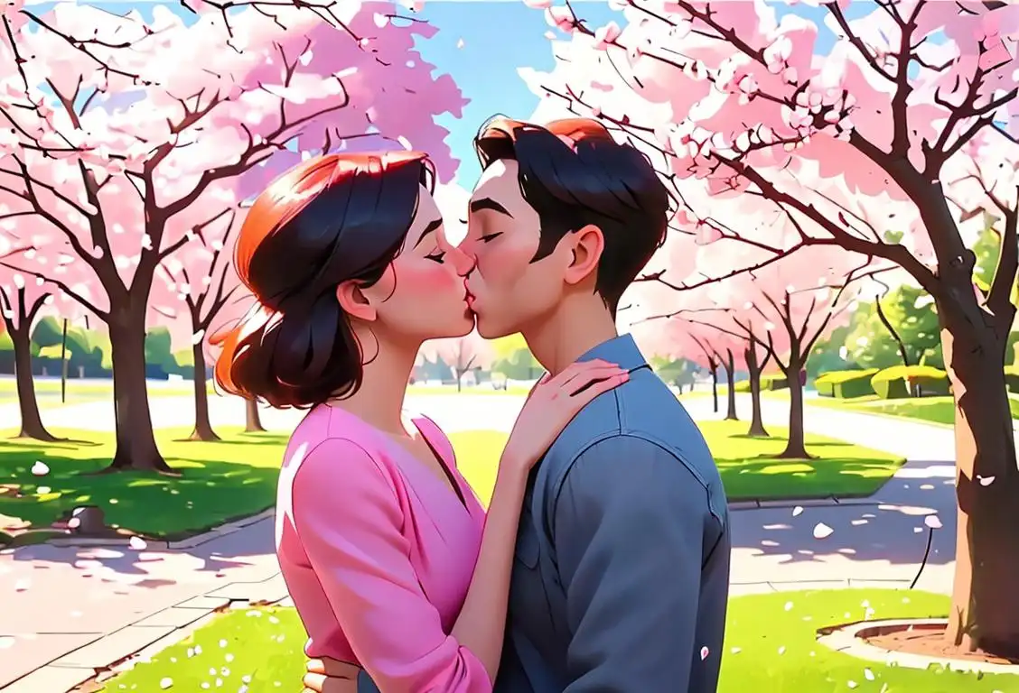 Couple in love sharing a sweet kiss under a blossoming cherry tree, dressed in colorful spring fashion, park setting..