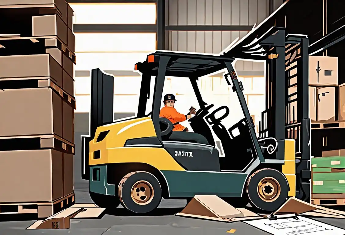 Forklift operator in safety gear, holding a clipboard, amidst a bustling warehouse filled with pallets and crates..