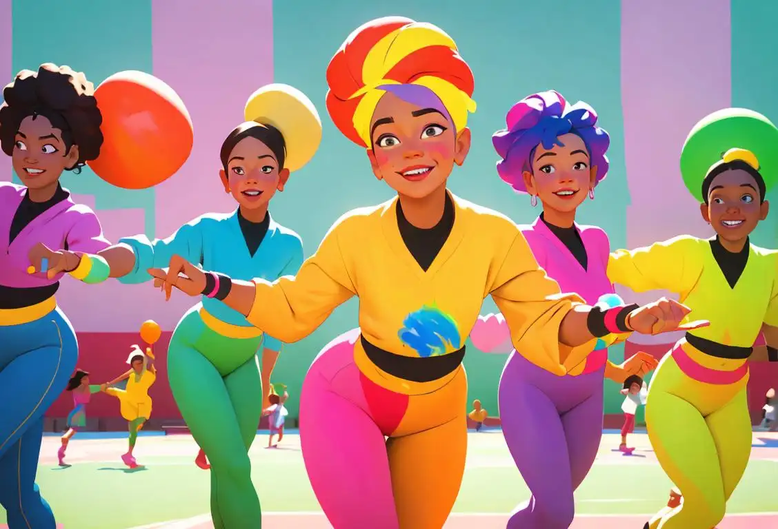 Group of diverse people smiling and wearing colorful clothes, enjoying various activities like dancing, playing sports and painting in a vibrant city setting.