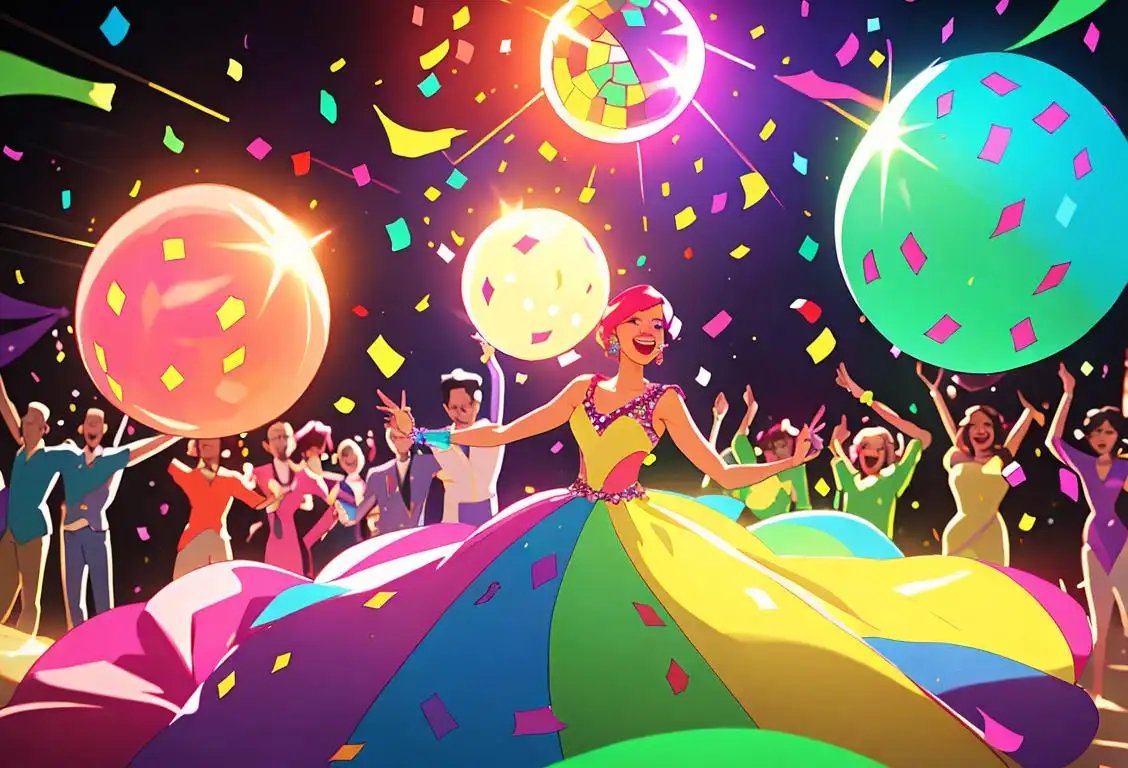 Group of diverse people dancing in colorful outfits, disco ball sparkling above, vibrant party decorations, and confetti flying in the air..