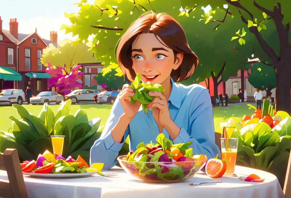Happy individual enjoying a fresh salad in a vibrant outdoor setting, dressed comfortably and surrounded by colorful vegetables, fruits, and whole grains..