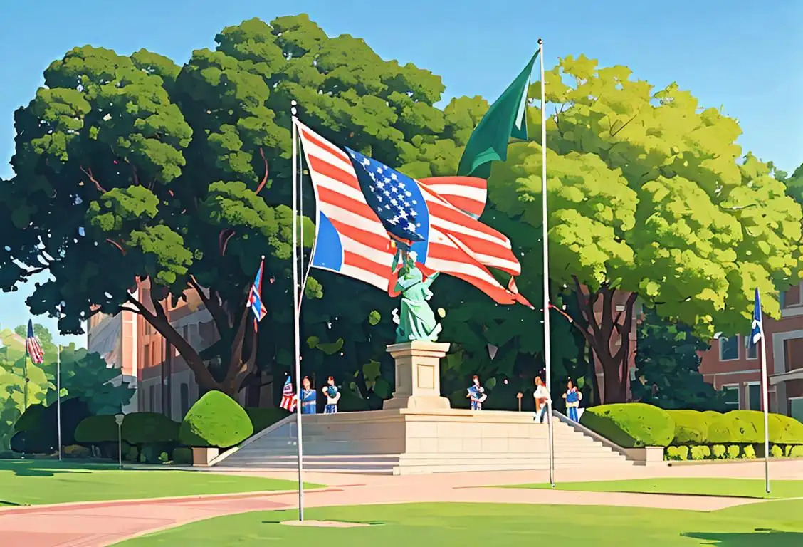 Group of diverse students raising the national flag on their campus, wearing casual clothing, with a backdrop of lush greenery and a blue sky..