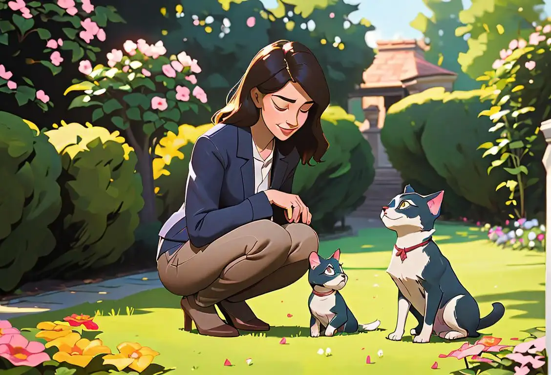 A peaceful garden scene with a family portrait of a person happily petting their beloved dog or cat, surrounded by flowers and a memorial plaque with their pet's name..