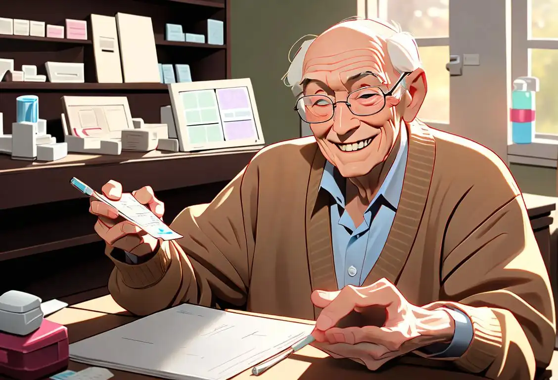 Elderly man smiling, handing over prescription medication, wearing a cozy cardigan, in a brightly lit pharmacy..