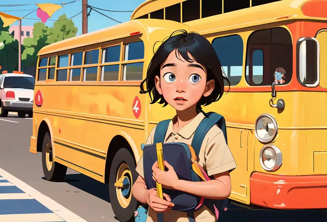 Young child holding a pencil, wearing a backpack, school bus in the background, surrounded by colorful and educational banners..