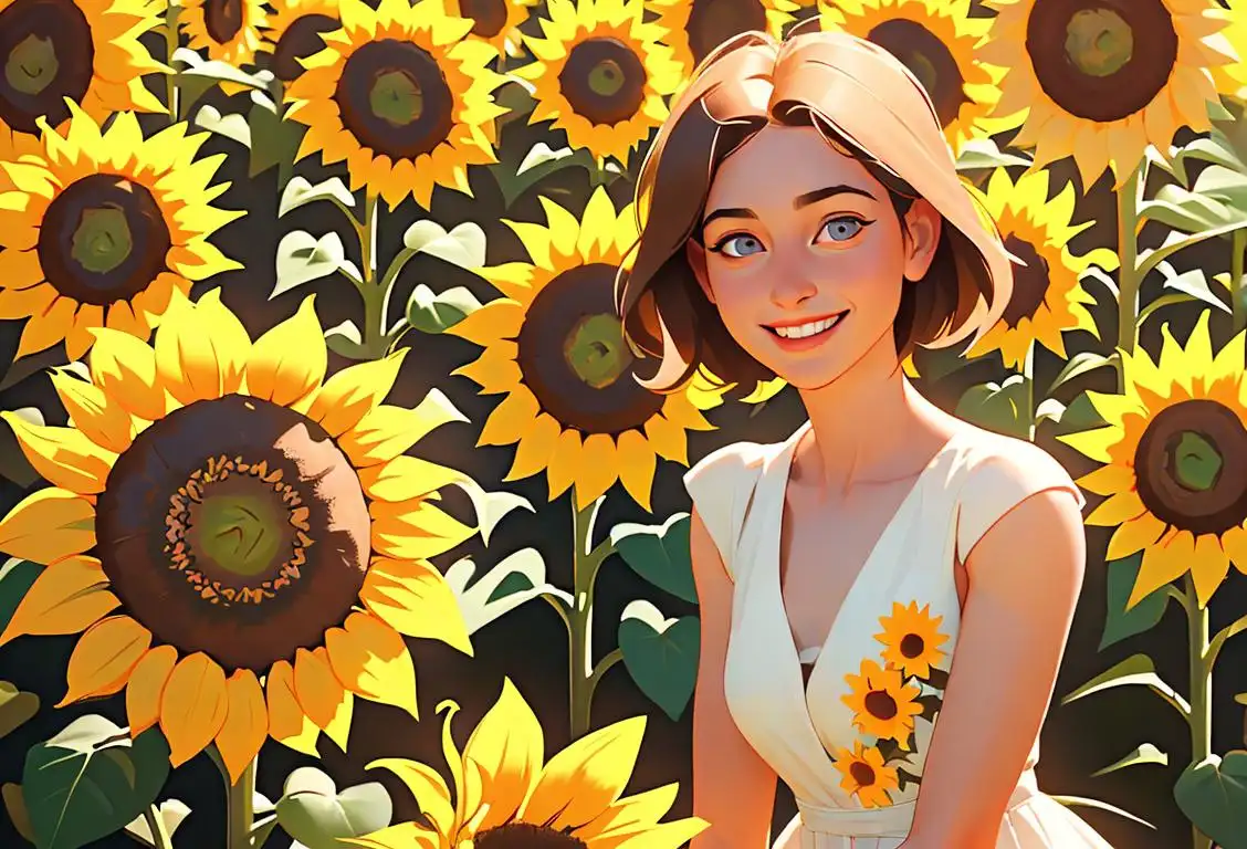 Young woman named Ellen, smiling and wearing a floral dress, surrounded by sunflowers in a beautiful garden..