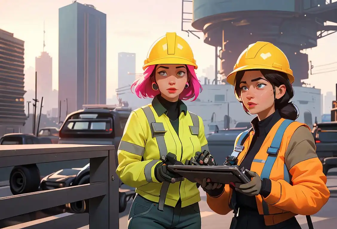 A group of diverse women engineers, wearing safety helmets and colorful uniforms, working together on a futuristic cityscape background..