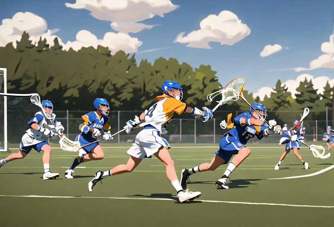 Group of energetic players in lacrosse gear, mid-lax action, vibrant field backdrop, showing diversity and team spirit..