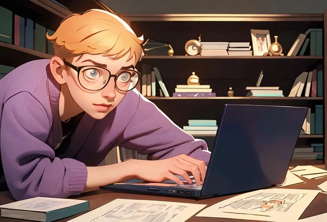 Young person solving a puzzle, wearing glasses, casual clothes, surrounded by books and a laptop..