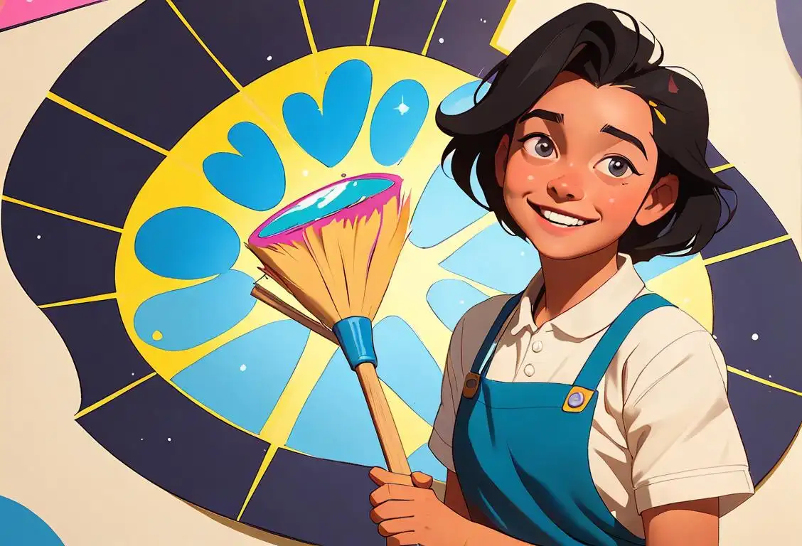 Cheerful school custodian with a broom, wearing an apron and a smile, surrounded by sparkling clean classrooms and colorful student artwork..
