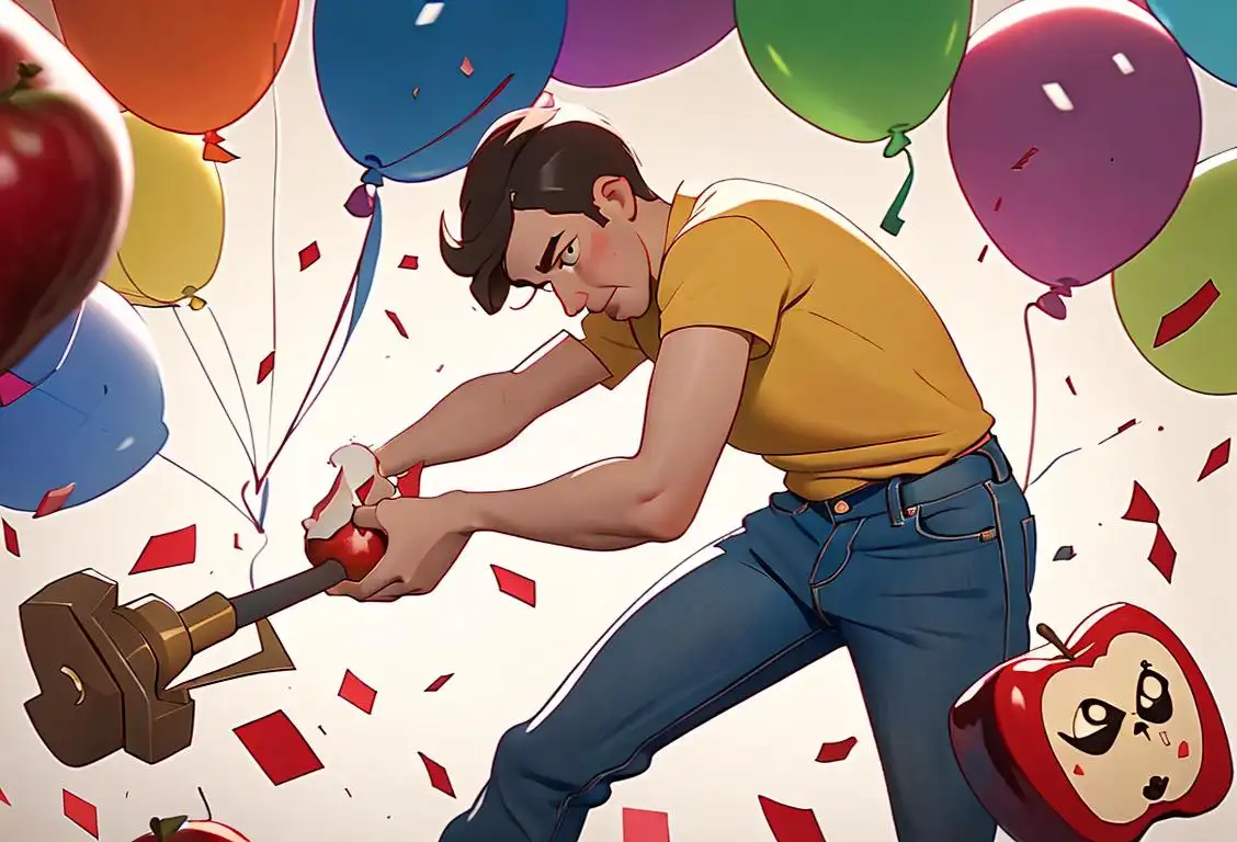 A person in casual attire smashing an Apple device with a comical hammer, surrounded by confetti and balloons..