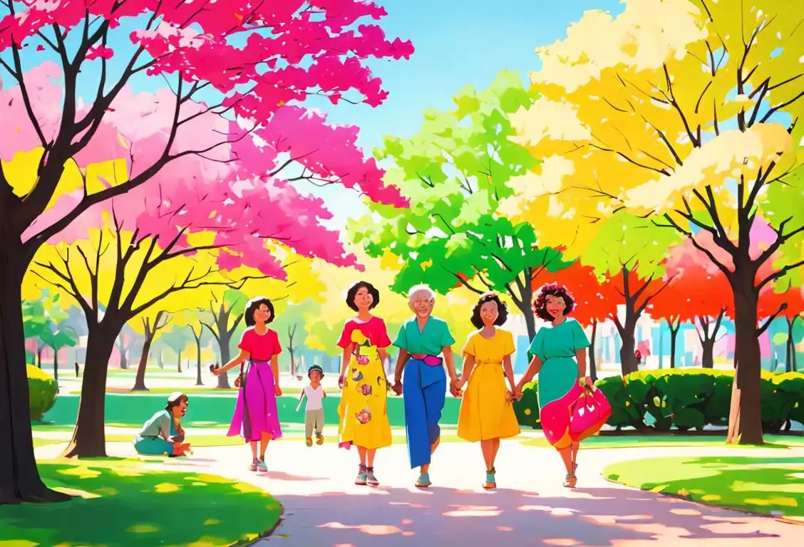 A diverse group of people, smiling and wearing colorful clothes, in a vibrant park setting..