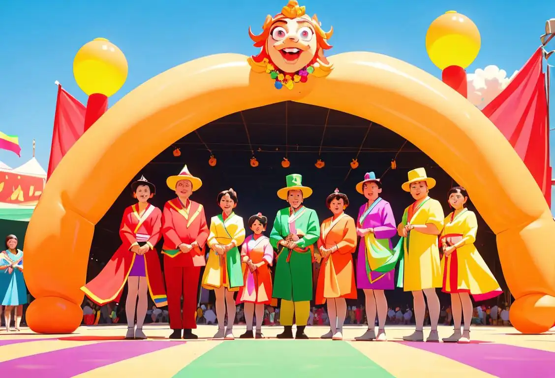 Young group of people dressed in colorful costumes, standing in front of a vibrant parade float, celebrating National Festival Opening Day!.