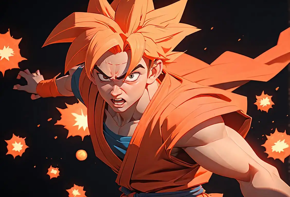 A young man cosplaying as Goku, wearing an orange gi and spiky hair, powering up in an anime convention setting..
