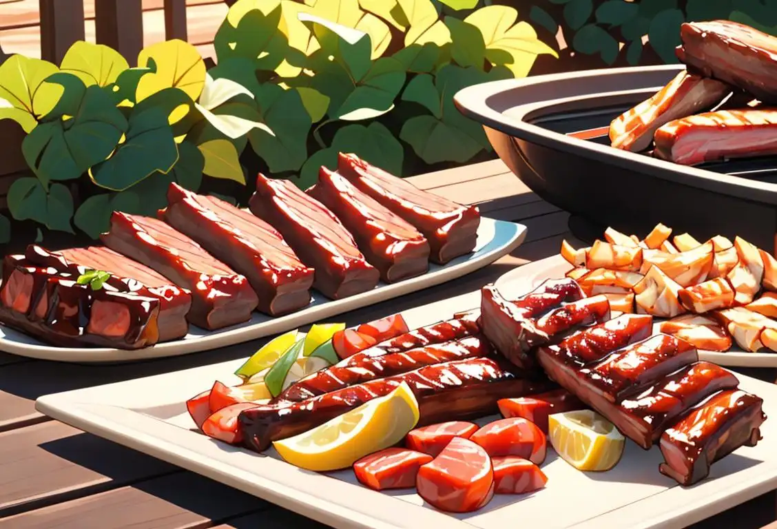 A family gathered around a barbecue grill, smiling and enjoying a delicious platter of barbecued spareribs. Outdoor summer setting, casual clothing, and mouthwatering dishes..