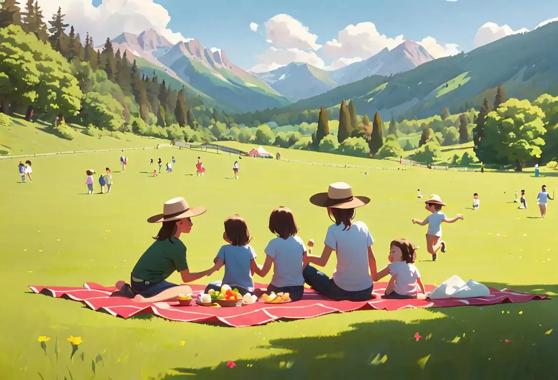 Family enjoying a picnic surrounded by nature, with children running, wearing summer hats, and a beautiful mountainous backdrop..