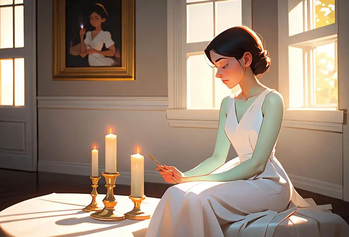 Young woman lighting a candle in a serene setting, wearing a white dress, with gentle sunlight streaming through a window..