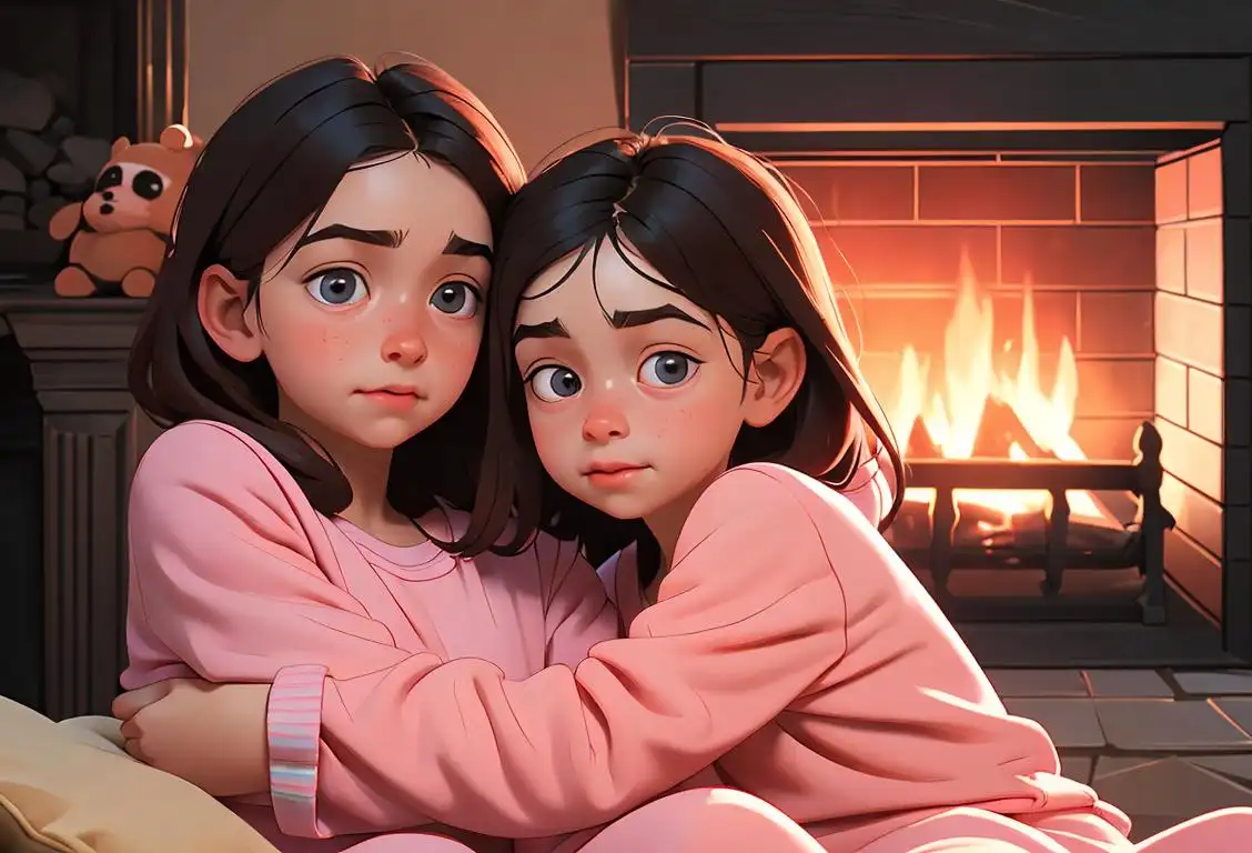 Two children, wearing cozy pajamas, sharing a warm and heartfelt embrace in front of a crackling fireplace on National Hugibig Day..