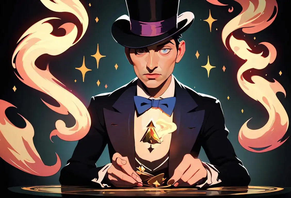 Magician in top hat performing a card trick, surrounded by sparkles and colorful smoke, captivated audience in theater.