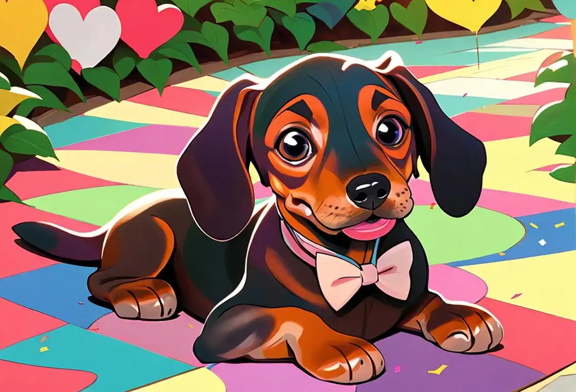 A joyful dachshund with a charming bowtie, surrounded by colorful confetti, in a sunny outdoor garden setting..