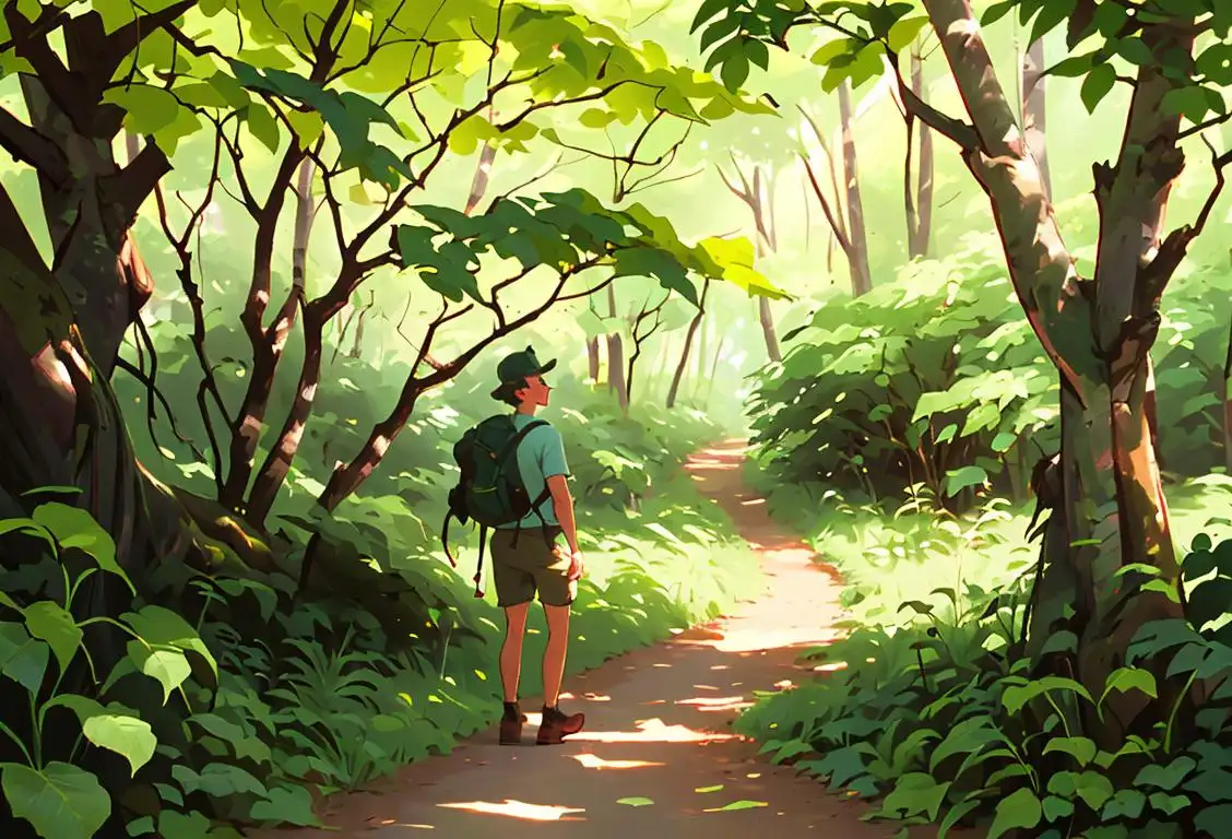 A person dressed in hiking gear, enjoying a nature trail with a bag of jerky, surrounded by lush green trees and wildlife..