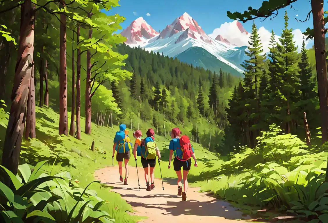 A group of diverse hikers wearing colorful backpacks, exploring a lush forest trail with towering mountains in the background..