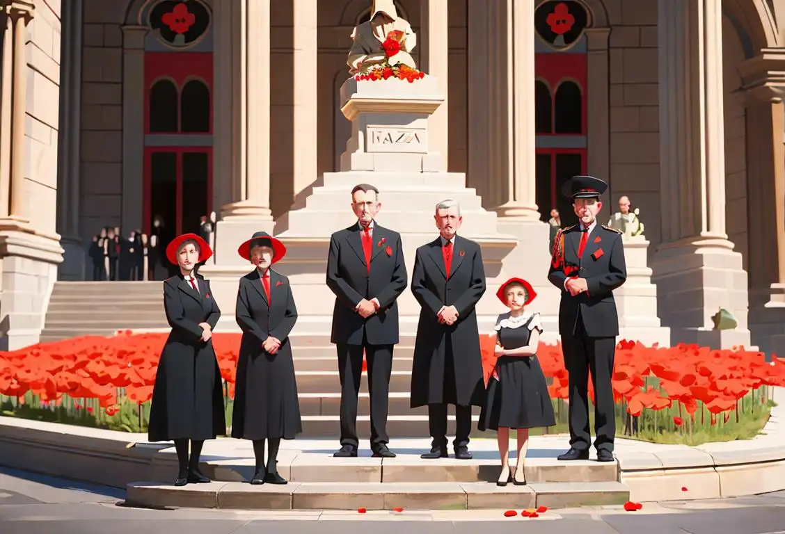 Group of family members standing together, each holding a red poppy, in front of a war memorial, dressed in formal attire..