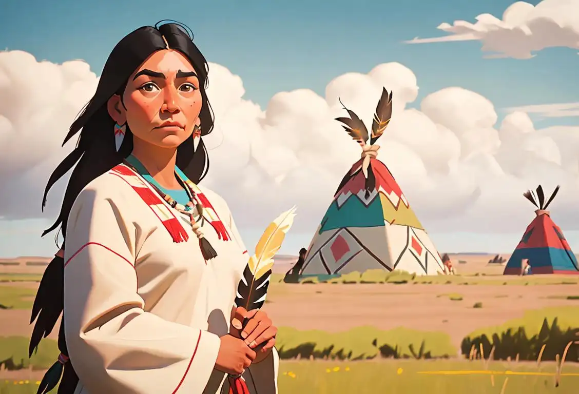 Native American woman wearing traditional attire, holding a feather, amidst a beautiful prairie landscape, with teepees in the background..