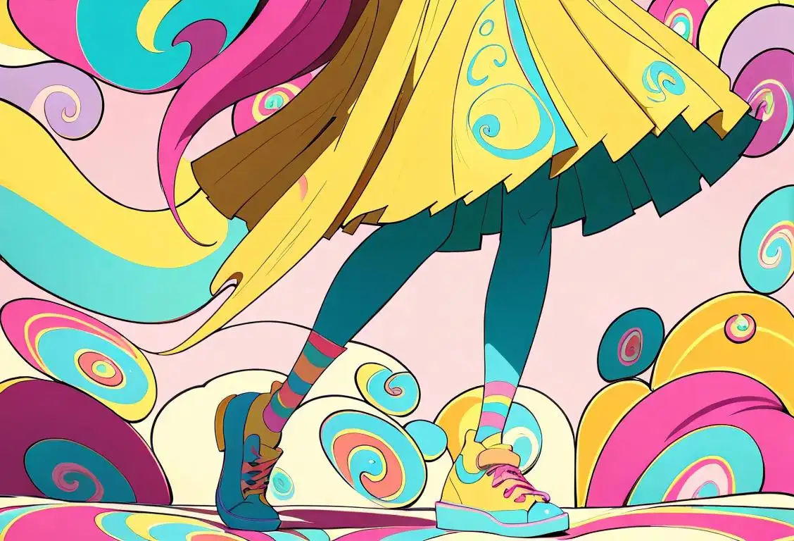 A person confidently strutting in mismatched shoes, showcasing their unique fashion style and individuality with a hint of whimsy. Colorful background with swirling patterns..