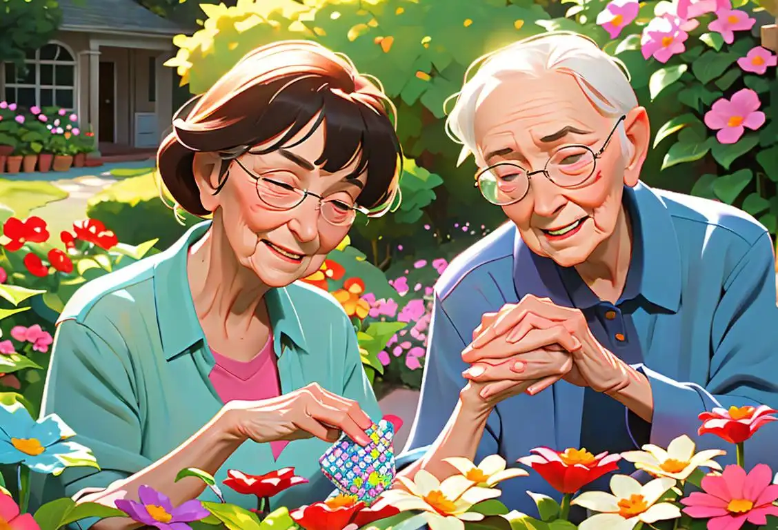 Elderly couple holding hands, enjoying a game of bingo, surrounded by vibrant flowers in a sunny garden..