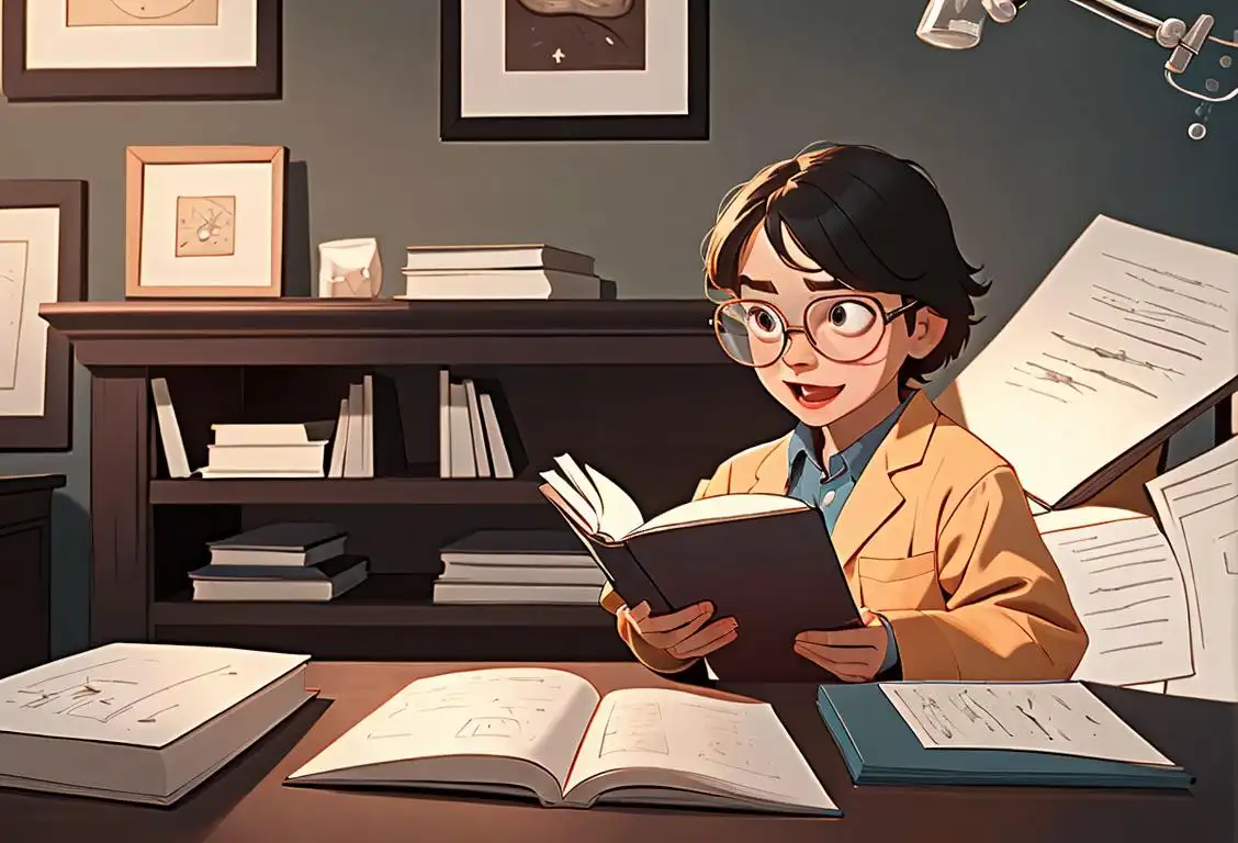 An excited child wearing oversized glasses and a lab coat, surrounded by a stack of science books in a cozy reading nook..