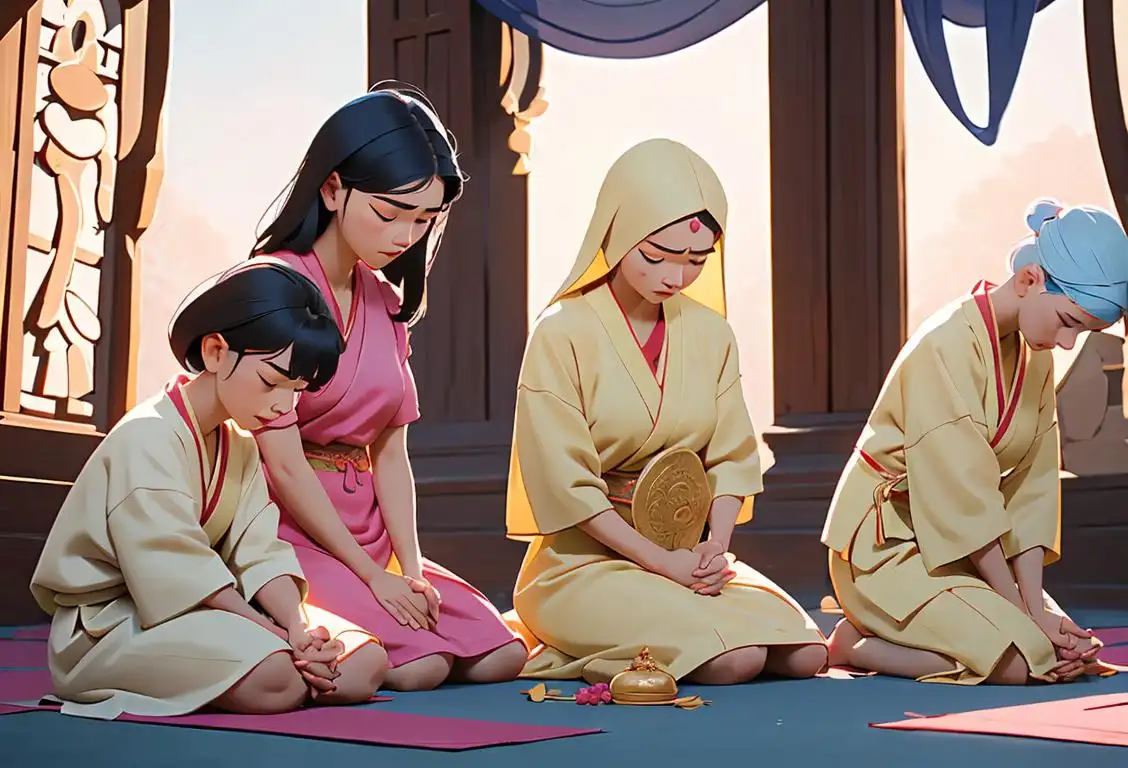 A diverse group of people, wearing various cultural clothing, gathered in a serene setting, holding hands in prayer..