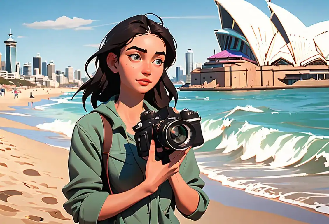 Young woman in a beach outfit, holding a camera, capturing the iconic sights of Sydney, surrounded by a beautiful city skyline and famous landmarks..