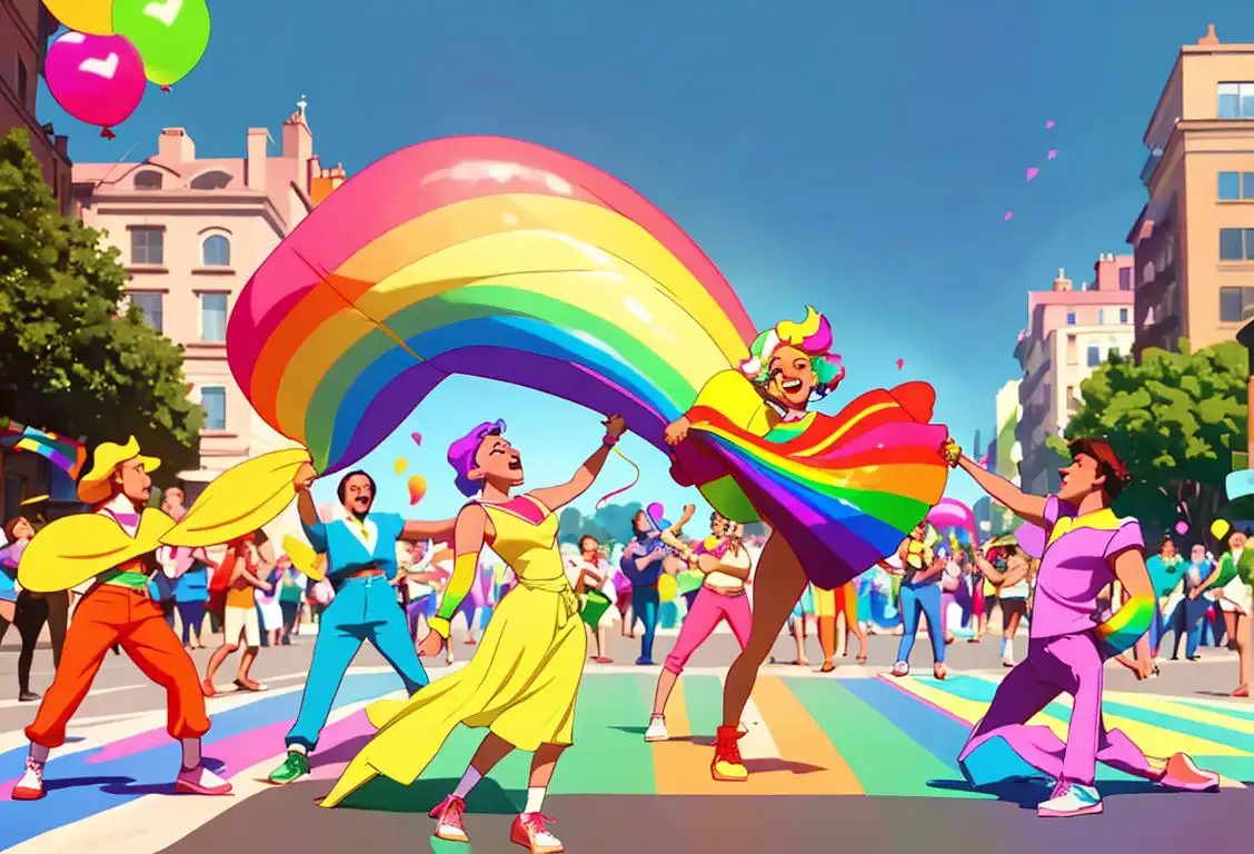 A diverse group of people wearing vibrant rainbow attire, dancing joyfully in a city street parade, surrounded by colorful flags and balloons..