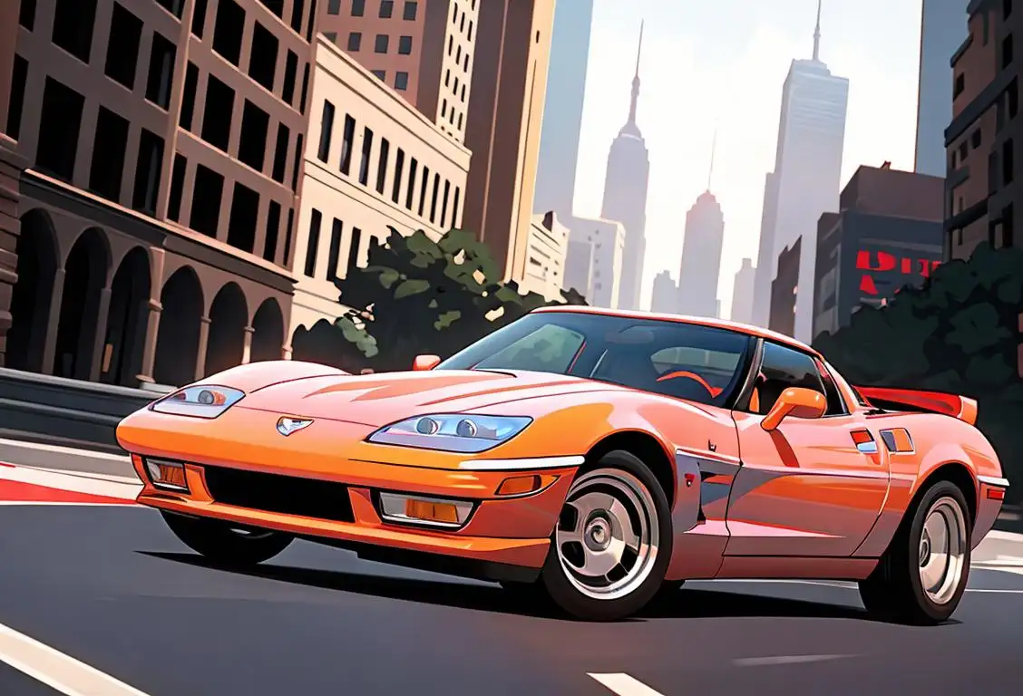 A sleek red Corvette speeding down a city street, with a stylish driver wearing sunglasses and a suit, surrounded by skyscrapers..