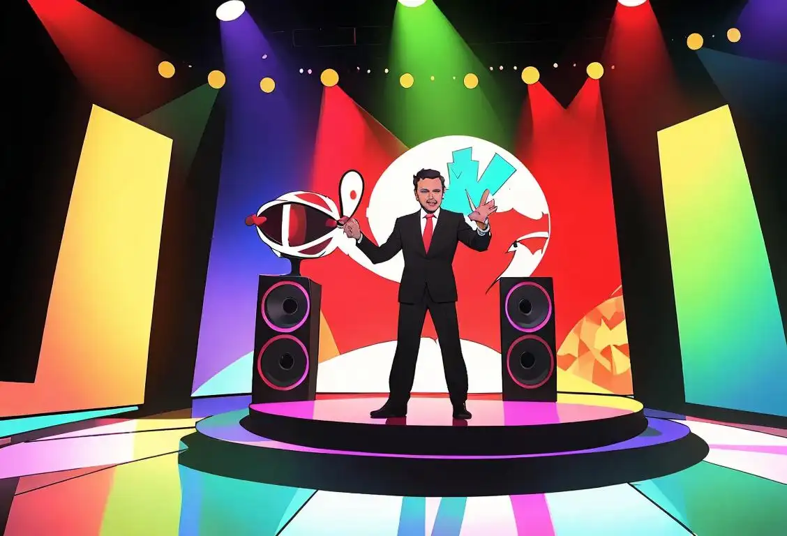 A charismatic TV talk show host standing on a stage, surrounded by a lively audience and colorful set decorations..