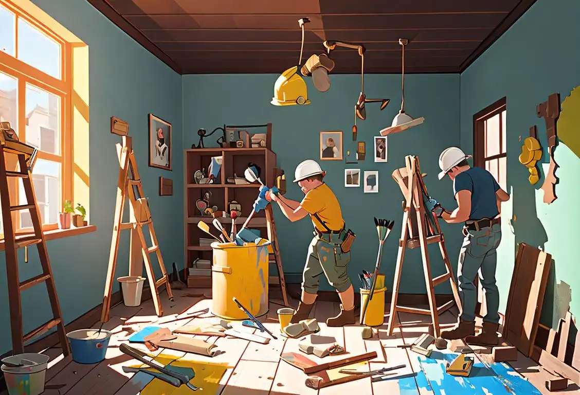 A group of people wearing tool belts and hard hats, with paint brushes and hammers, working together to renovate a house, surrounded by colorful home improvement materials..