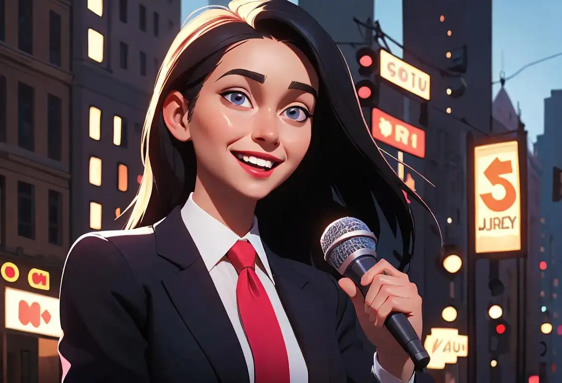 Young woman holding a microphone with a big smile, wearing a suit and tie, city street backdrop..