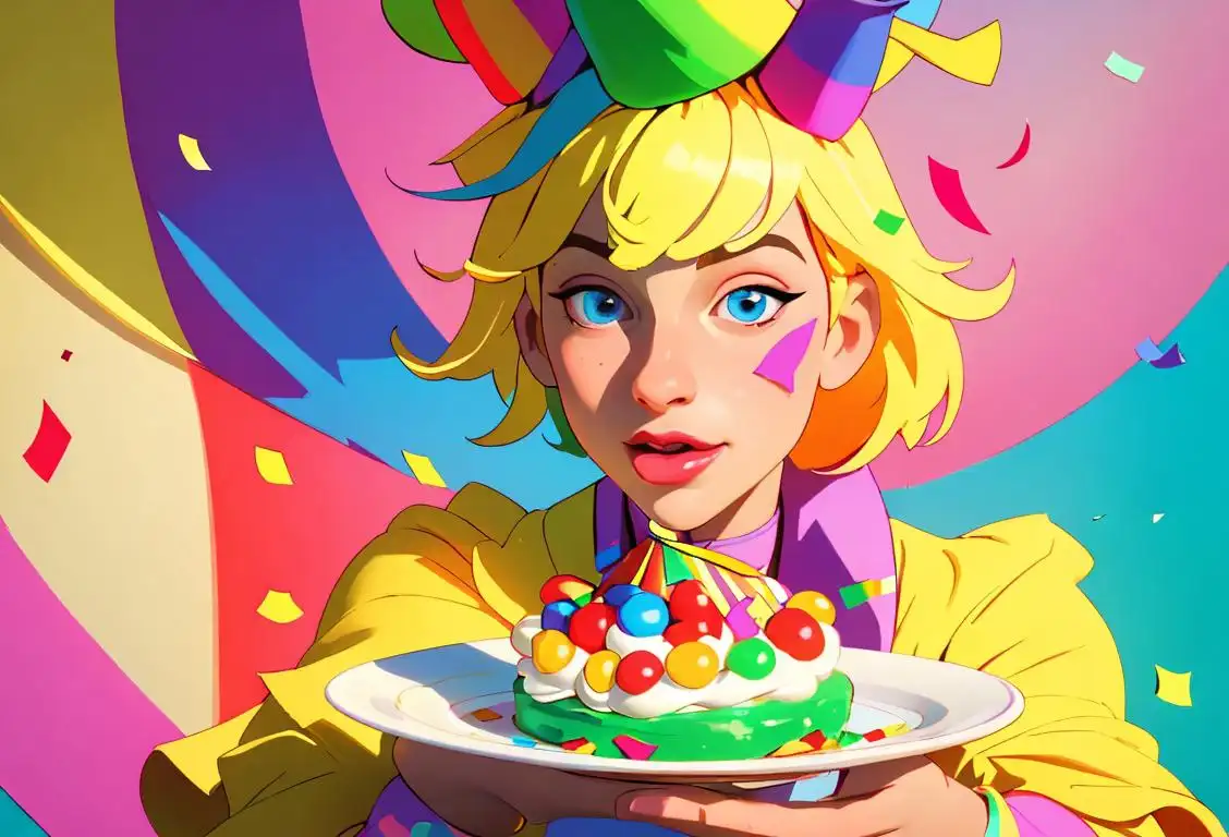 A person holding a plate full of tempting treats, surrounded by colorful confetti and wearing a whimsical party hat, carnival atmosphere, rainbow-colored outfit..