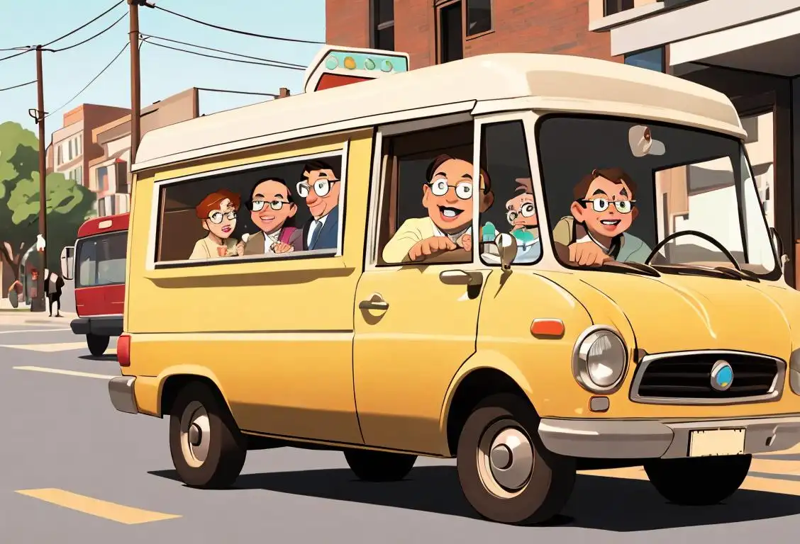 A cheerful librarian driving a bookmobile, wearing a cozy sweater and glasses, surrounded by diverse community members in a lively urban neighborhood..