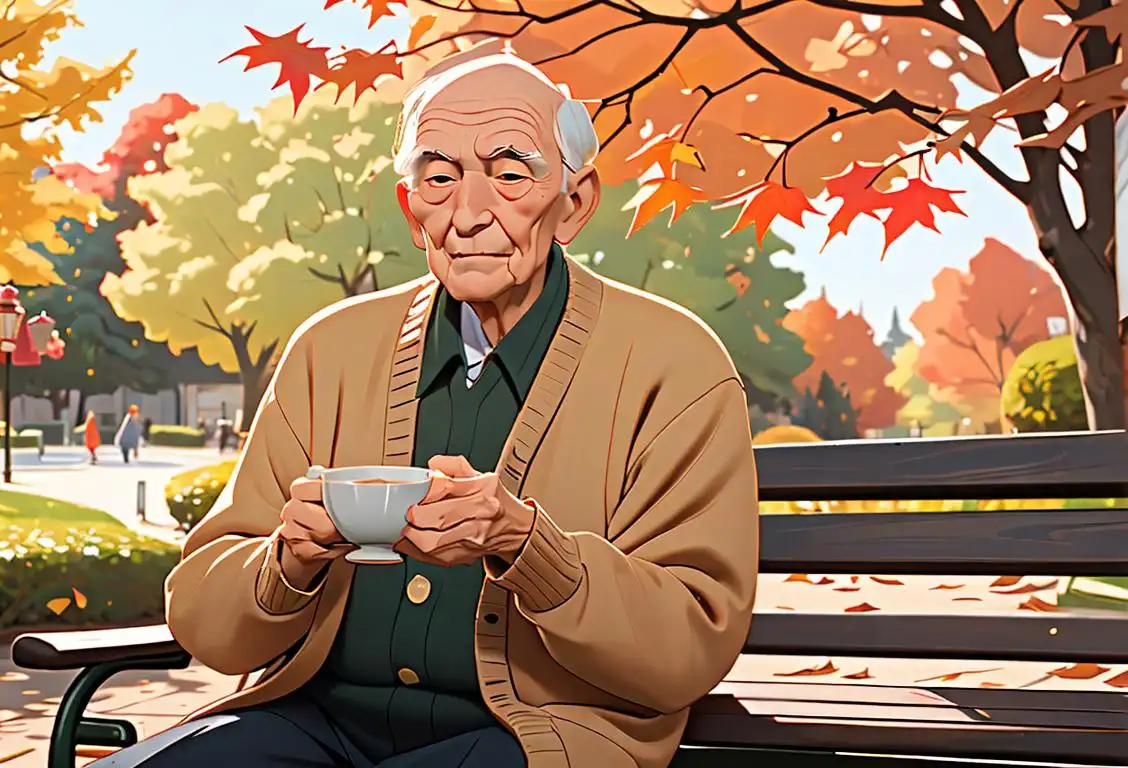 Elderly man sitting on a park bench, wearing a classic grandpa cardigan, surrounded by autumn leaves and holding a cup of hot tea..