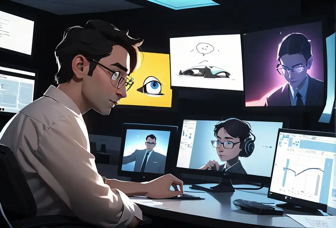 A young IT professional wearing a smart shirt and glasses, working diligently in a futuristic office filled with computer monitors and high-tech gadgets..