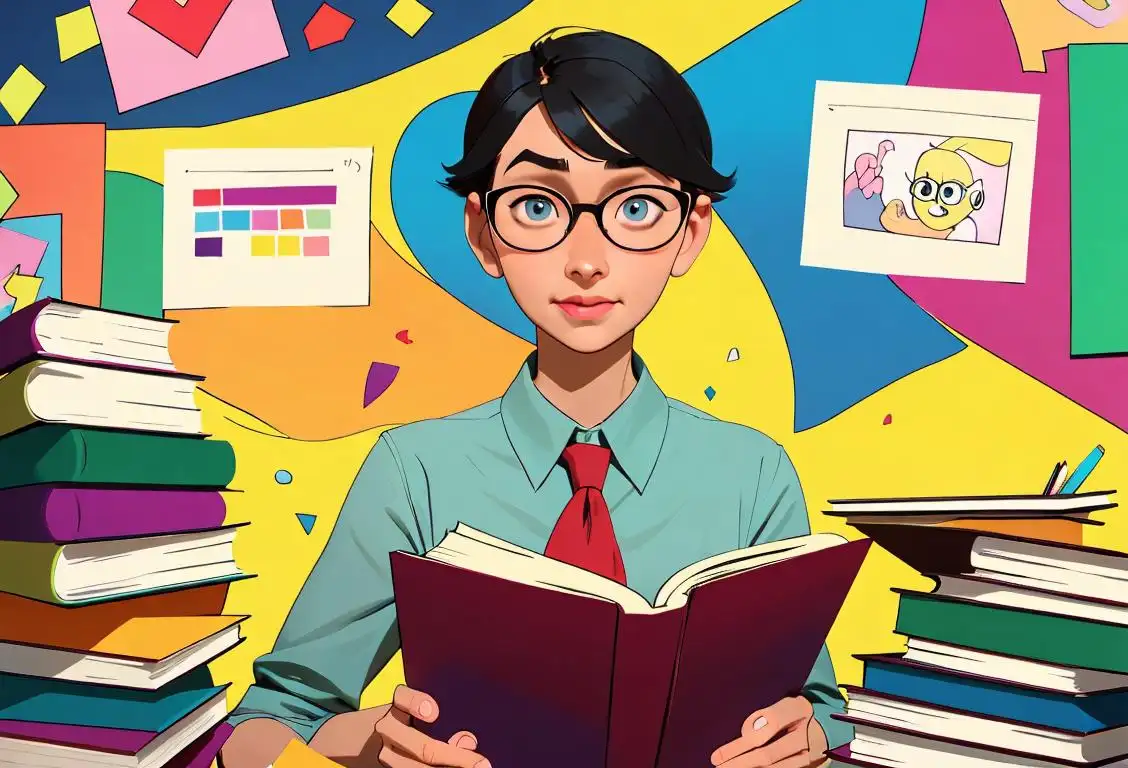 Teacher wearing glasses and holding a stack of colorful books, surrounded by diverse students in a vibrant classroom setting..