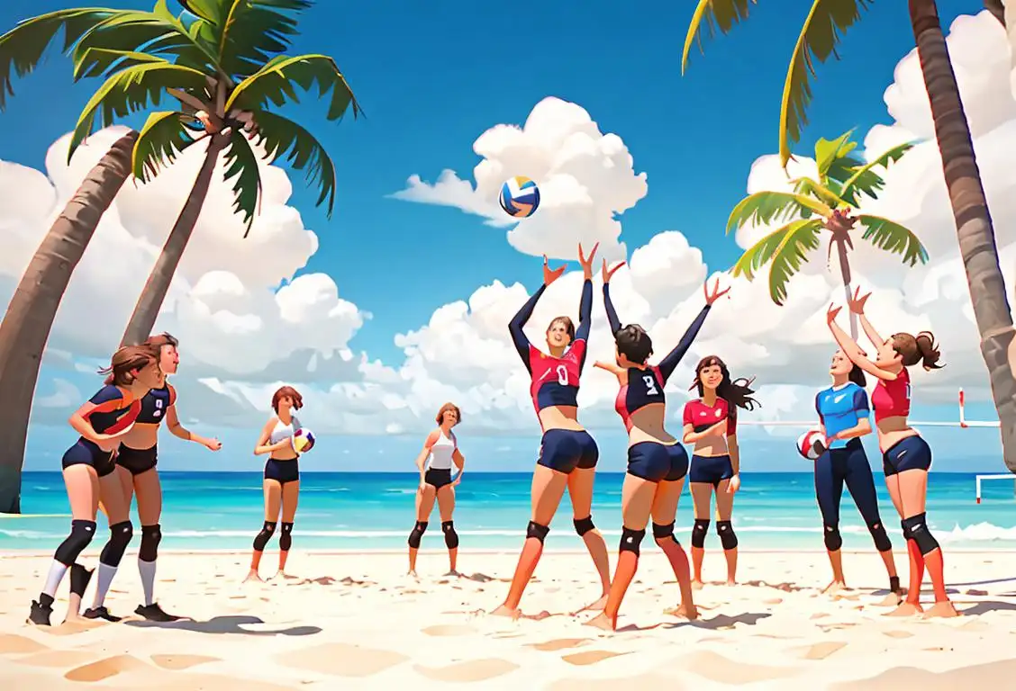 Group of friends playing volleyball on a sunny beach, wearing colorful swimsuits, with palm trees in the background..