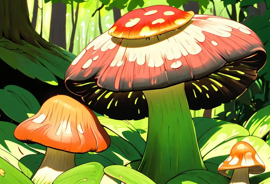 Close-up photo of a colorful mushroom with vibrant spores bursting out, surrounded by lush green foliage and dappled sunlight..