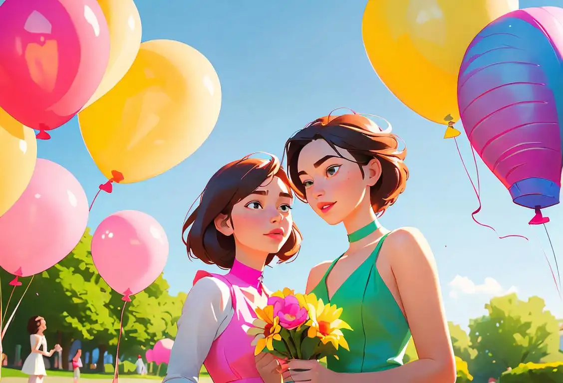 Young woman giving her girlfriend a bouquet of flowers in a charming park setting, both wearing stylish summer dresses, with colorful balloons floating in the background..