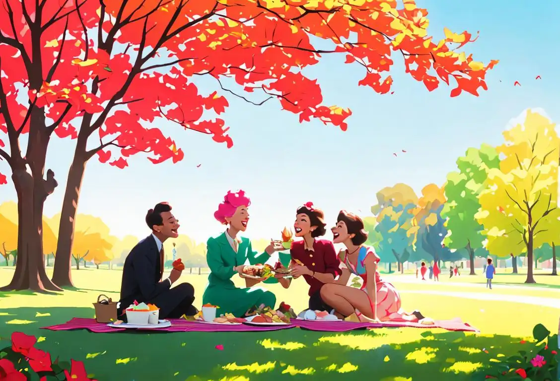 A group of diverse people, dressed in vibrant and stylish clothing, enjoying a picnic in a beautiful park, celebrating National Louis Day with joy and laughter..