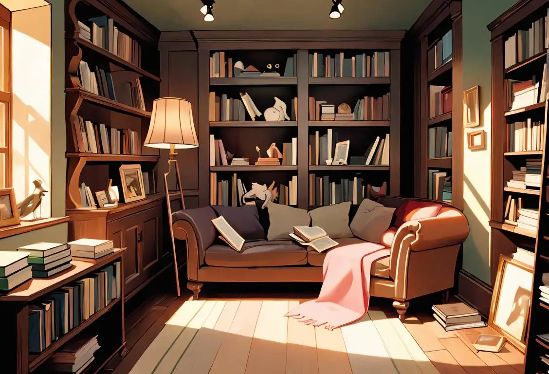 A cozy bookshop scene with a booklover wrapped in a blanket, reading a captivating novel, surrounded by shelves filled with books..
